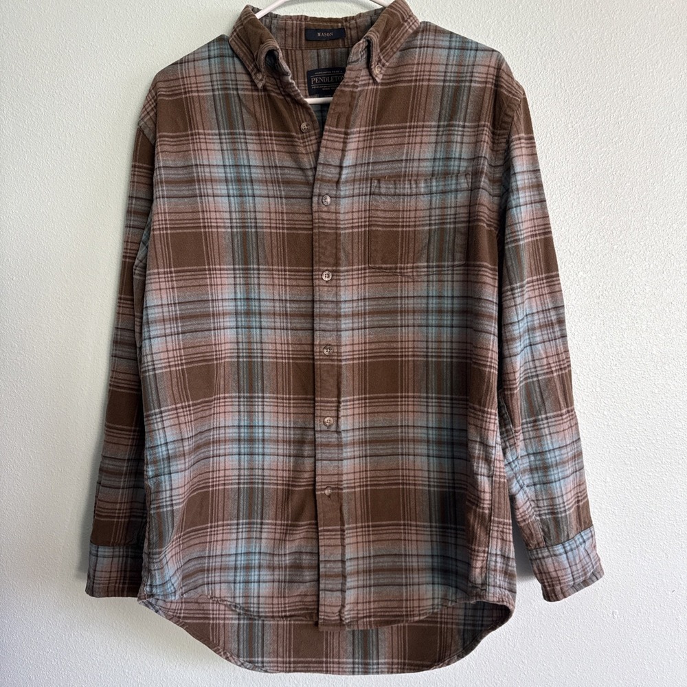 Pendleton Mason Men's Medium Flannel Shirt‎ Brown Turquoise Plaid Button Up